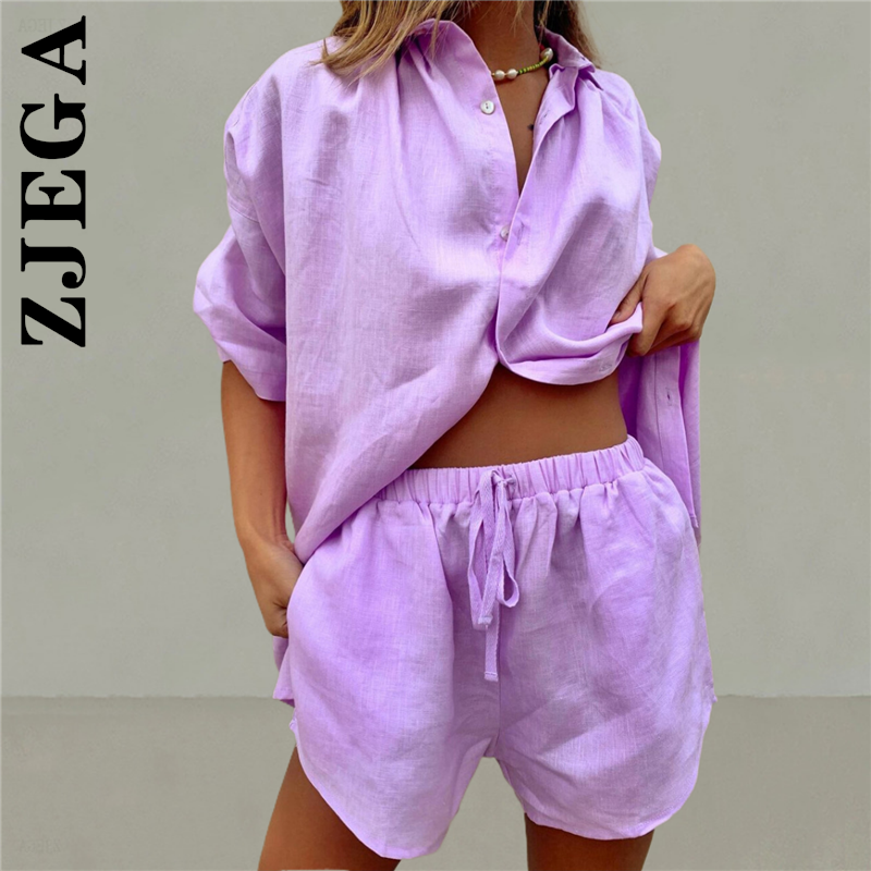Zjega-캐주얼 루즈핏 짧은 바지 여성용, 빈티지 기본 세련된 스웨트슈트 2 피스/세트
