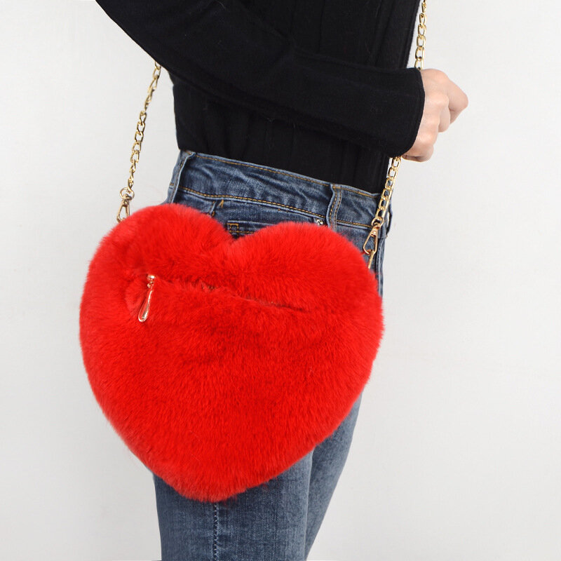 New Fashion Women's Heart Shaped Handbags Cute Kawaii Faux Fur Crossbody Bags Wallet Purse Plush Chain Shoulder Bag Lady Handbag