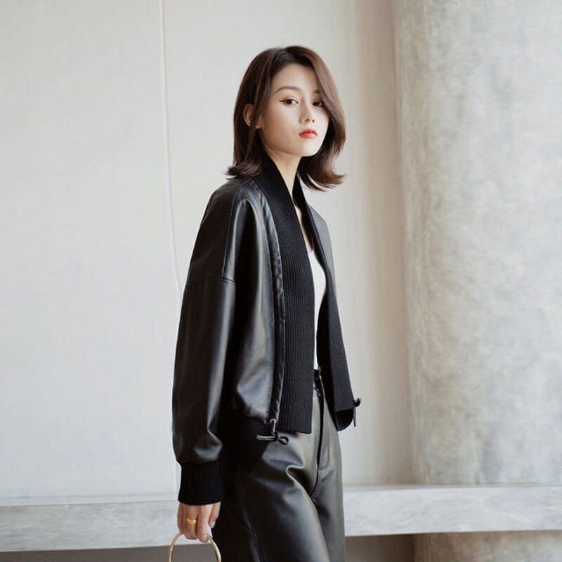 Novo outono novas jaquetas de couro genuíno de mulher de cintura curta com decote em estilo v coreano senhora do casual elegante moda