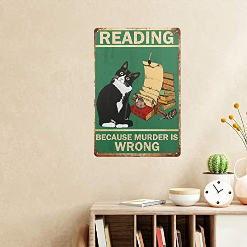 Czarny kot czytanie Vintage metalowe tabliczki, biblioteka czytelnia do domu, do kawy wystrój ścian barowych 8x12 cali