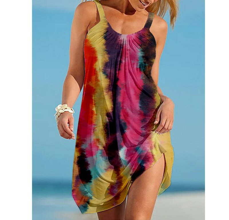 Frauen Ärmellose Kleider Sommer Regenbogen Bunte Tie Dye Gedruckt Sexy Strand Kleid Party Beachwear Mädchen Sling Midi Nacht Kleid