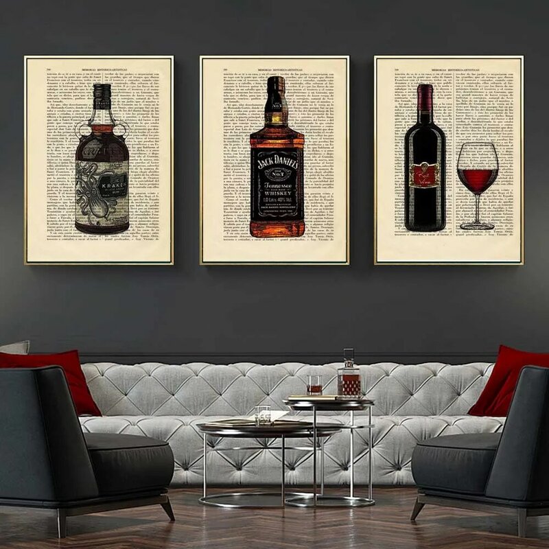 Retro art printing canvas painting wall art book wine bottle wine glass poster office living room corridor home decoration mural