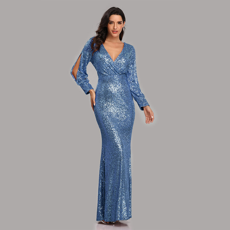 V-ausschnitt Shinning Pailletten Meerjungfrau Abendkleider Mit Langen Ärmeln Bodenlangen Elegante Party Kleider für Frauen Formale Kleid