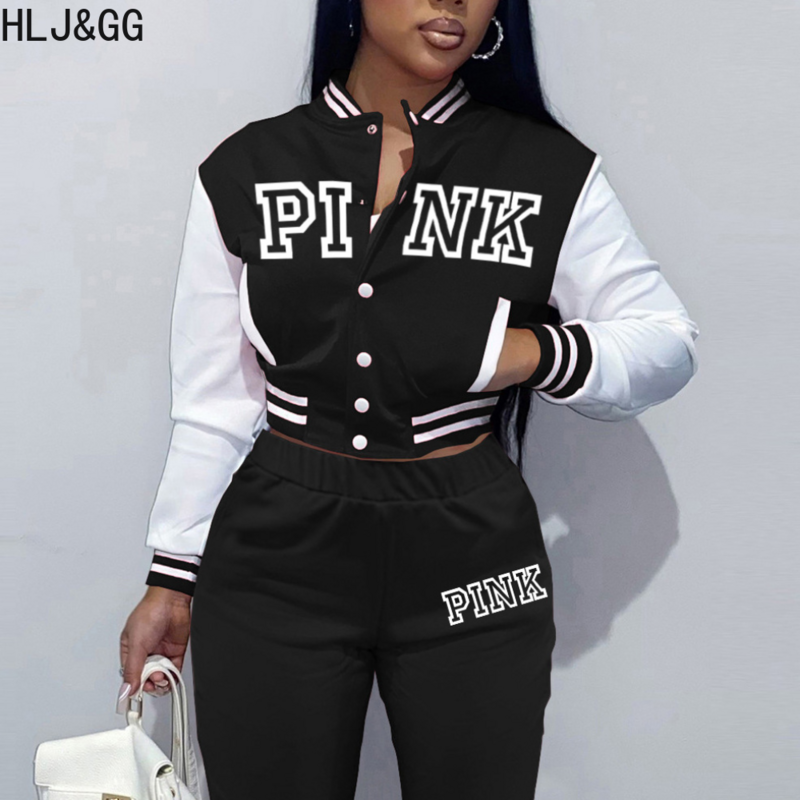 HLJ&GG Casual New PINK Letter Print Baseball Tracksuits Women Button Long Sleeve Crop Top + Skinny Pants Two Piece Sets Outfits