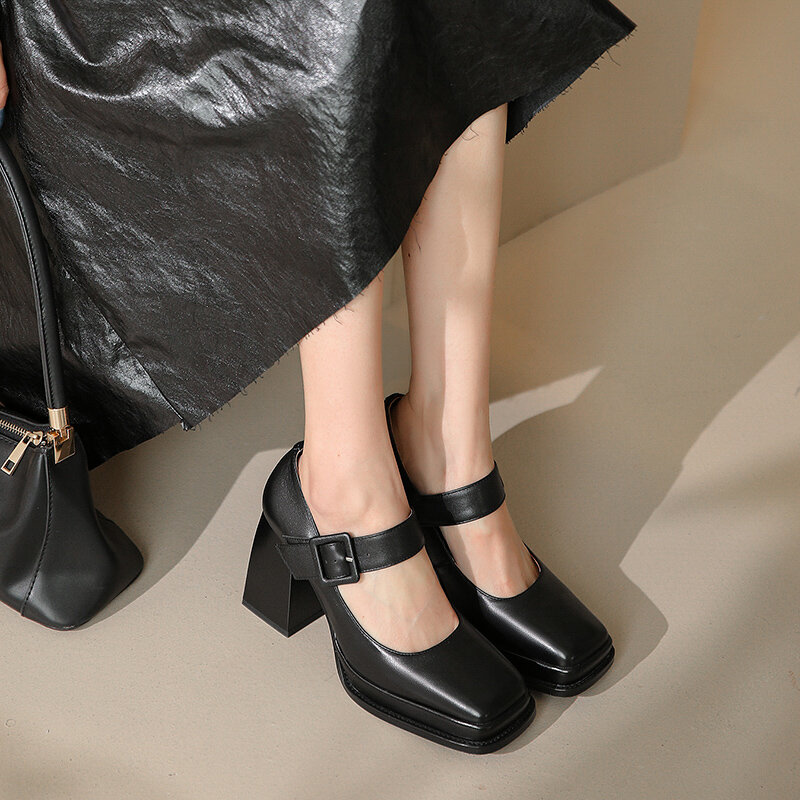 Zapatos de tacón alto grueso para mujer, calzado de plataforma resistente al agua, cuero auténtico, clásico, punta cuadrada, hebilla y Correa, para primavera
