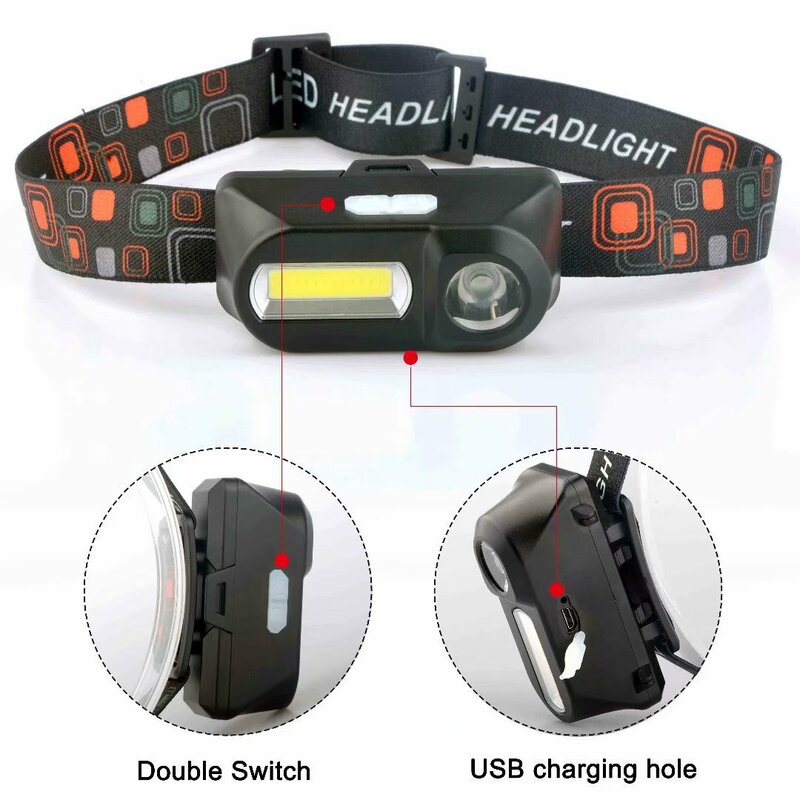휴대용 미니 LED 헤드 램프 XPE + COB USB 충전식 캠핑 헤드 램프, 18650 배터리 낚시 헤드 라이트 손전등 토치 사용