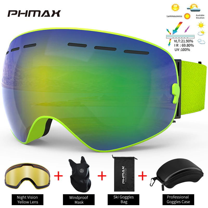 PHMAX – lunettes de Ski pour homme et femme, Protection Anti-UV, pour Snowboard, Sports de plein air, patinage, Ski, avec masque, hiver