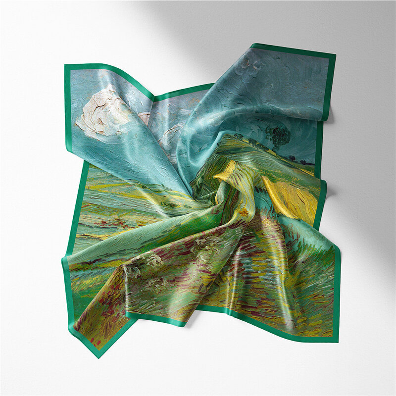 Lenço de seda sarja van gogh wheatfield nuvem pintura quadrada cachecóis envolve bandana hijabs para mulher gravata bandana lenço 53cm
