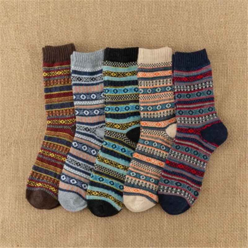 10PCS=5Pairs Autumn Winter Women Men Thicken Warm Socks Retro Casual Wool High Quality National Wind Cotton Sock Snow Socks 2024