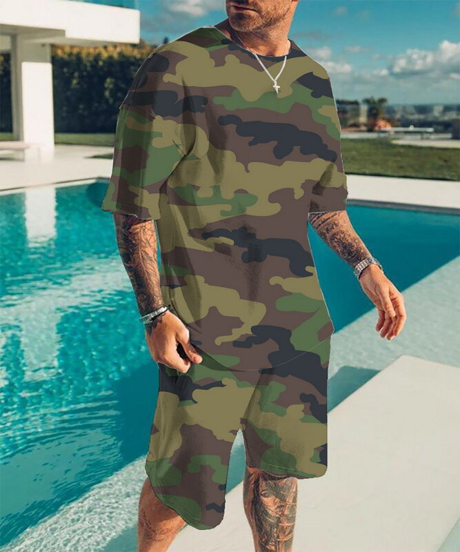 Fashion Summer Men's 2 Piece Short Sleeve + Shorts Sportswear Beach Streetwear Camo 3D Print Men's Suit