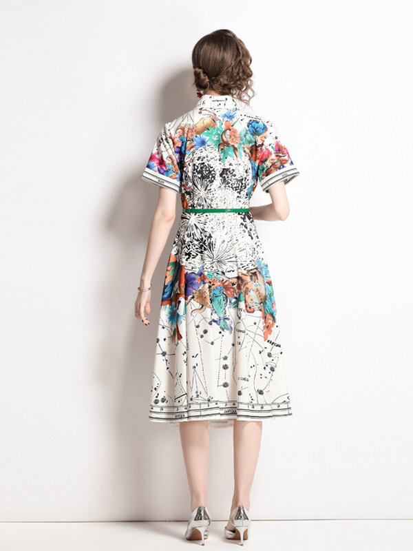 Summer 2022 New Fashion Single Breasted Shirt Dress Vintage Constellation Printing A-line skirt Casual Midi Long Dresses