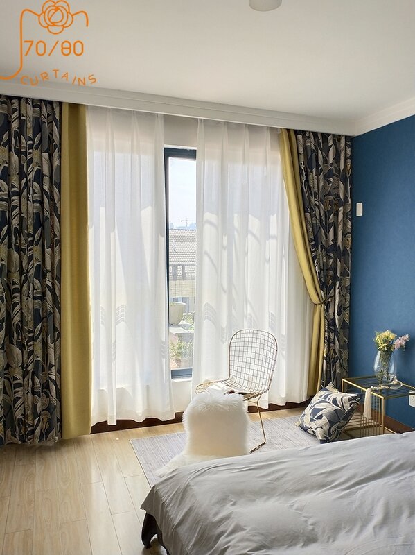 Cortinas opacas gruesas para sala de estar y dormitorio, cortinas Retro americanas de lujo con costura Jacquard, mejora del hogar acabada