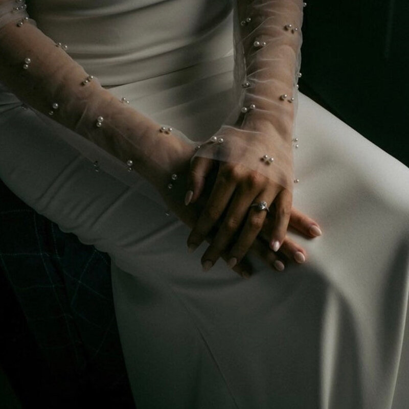 ถุงมือ Tulle ไข่มุกอุปกรณ์ชุดแต่งงานพร้อมรูปถ่ายของหญิงตั้งครรภ์เครื่องประดับสตรีอุปกรณ์เสริมชุดราตรี