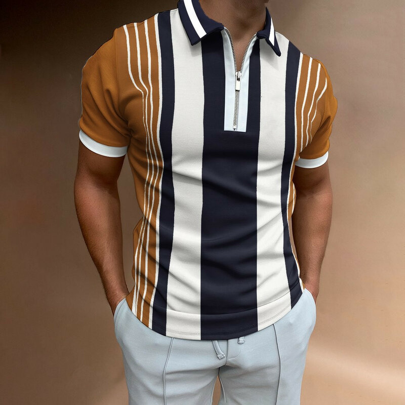 2022 New Summer Men's Short Sleeve Polo Shirt Striped Printing Lapel T-shirts for Men High Quality Retro Casual Oversized Tops