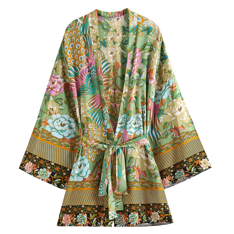 Katun Rayon Blusas Wanita Burung Merak Hijau Pendek Kimono Jubah Menutupi Jubah Ikat Pinggang Kasual Blus Wanita Boho