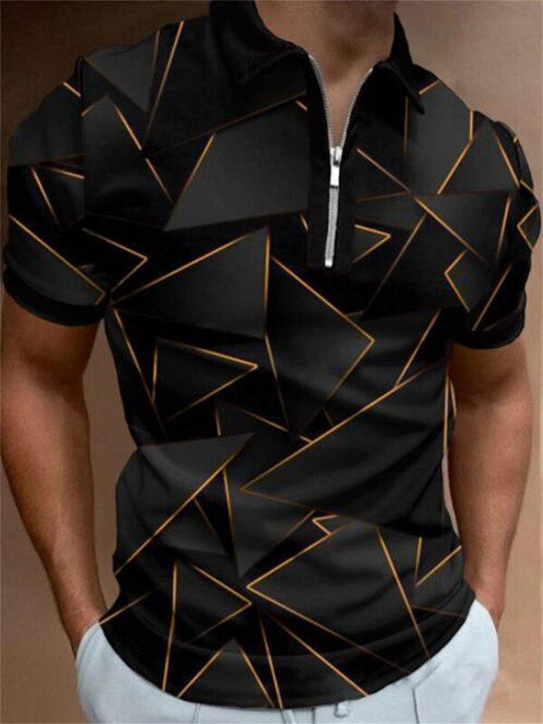 2023 New Color Matching Casual Zipper Boys Short -sleeved Slim Leisure Lapel Printing Polo