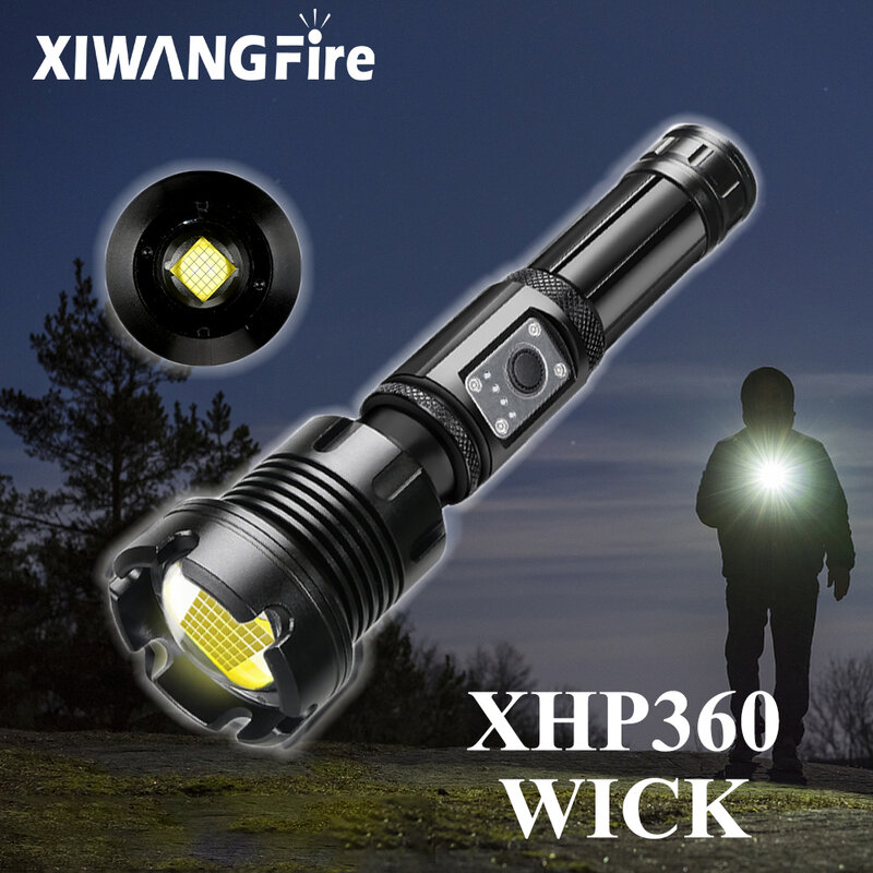 超強力なLED懐中電灯xhp360,戦術的な5つの照明モード,USB充電式,26650バッテリー,キャンプ用ランタン
