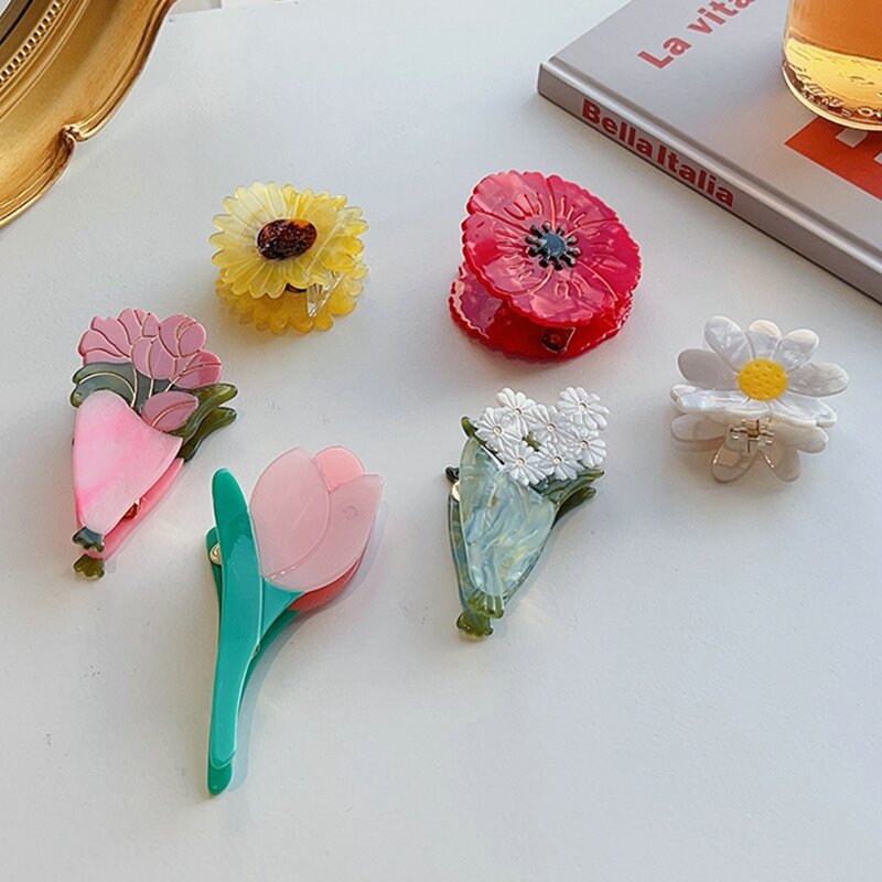 5pcs/Set Sweet Flower Acetate Resin Hair Claws Fairy Flower Lips Hairpin Clip Ponytail Holder Women  Hairclips Girls Accessory