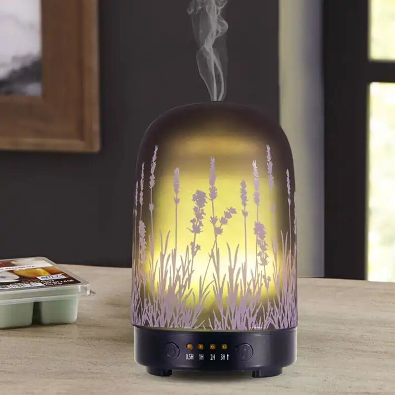 Lawendowy ultradźwiękowy dyfuzor zapachowy szklany olejek eteryczny do nawilżacza aromaterapia maszyny zapach Cool Mist 100ml 7 kolorów LED