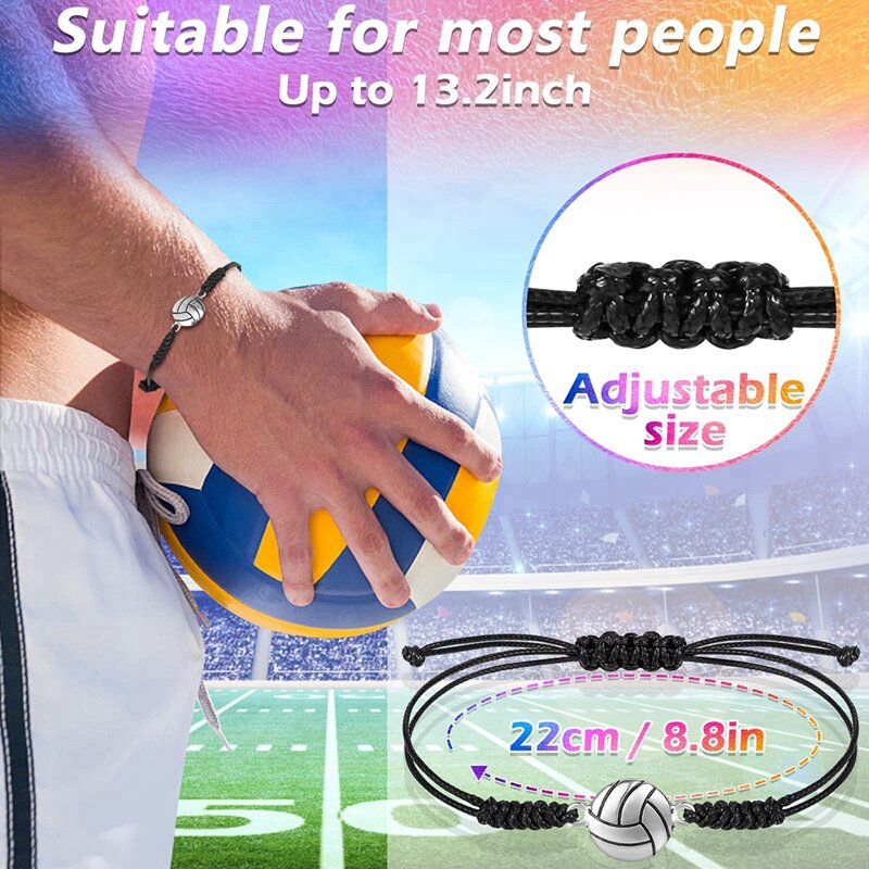 24 peças pulseiras de voleibol, pulseira de charme de voleibol, pulseira de corda trançada com decoração de pingente de voleibol