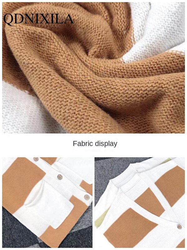 Stripe Color Blocking Single Breasted Pocket Women Cardigan Korean Fashion Sweater Long Sleeve Top Oversized Cardigan Sweaters