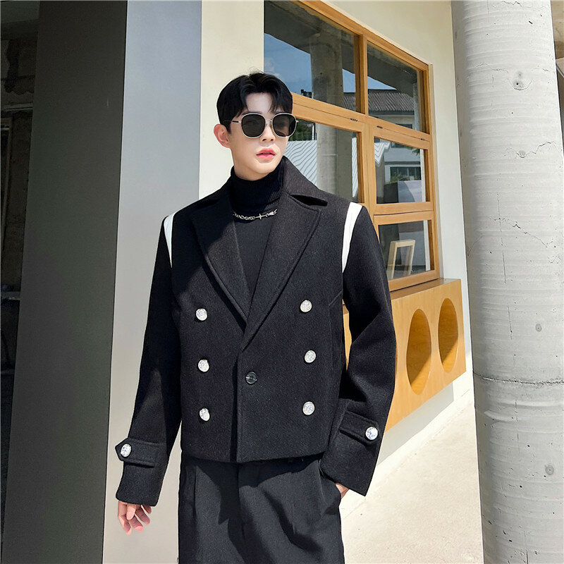Moda personalidade curta jaqueta masculina contraste cor ombro designer outwear engrossar lã pano terno gola casaco masculino inverno