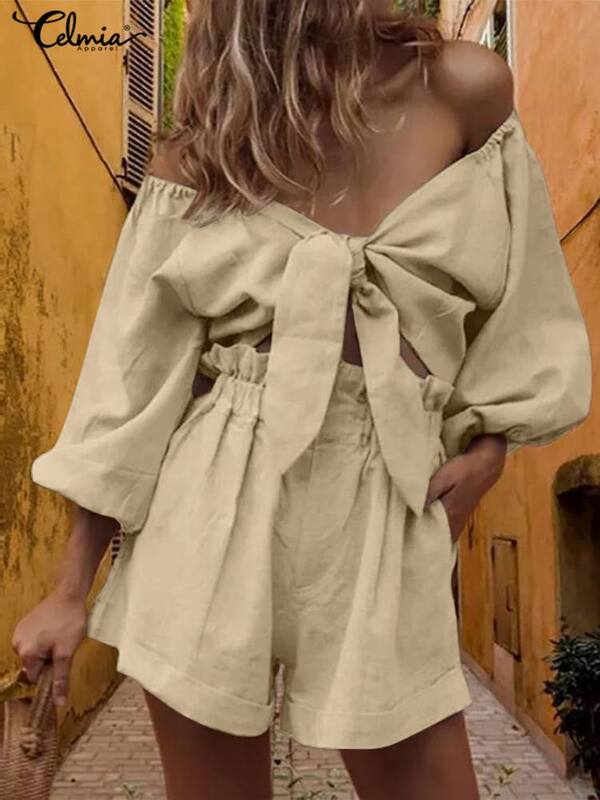 Women Matching Sets 2022 Summer Street Fashion 2 Pieces Sets Celmia Sexy Off Shoulder 3/4 Sleeve Crop Tops and Short Pants Sets