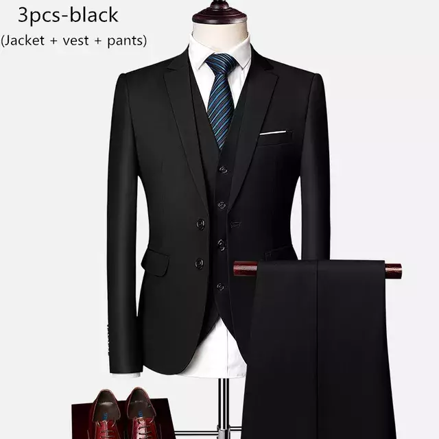 3 Pieces Suits Wedding Groom Dress Suits For Men Slim Fit Solid Color Business Casual Suit Sets Large Size Men Blazer+Pants+Vest