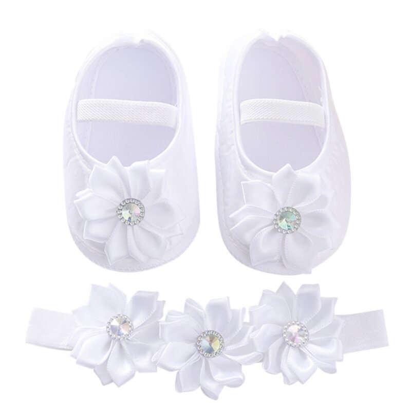 Weixinbuy-zapatos de encaje para bebé y niña, zapatos de flores para bebé recién nacido + conjunto de diadema, preandador suave para niño de 0 a 12 meses
