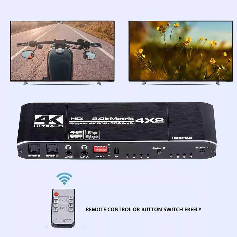 Kebidu 4x2 매트릭스 스위치 분배기, SPDIF 및 L/R 3.5mm HDR HDMI 호환 스위치 4x2, HDCP 2.2 ARC 3D 4K @ 60Hz 지원