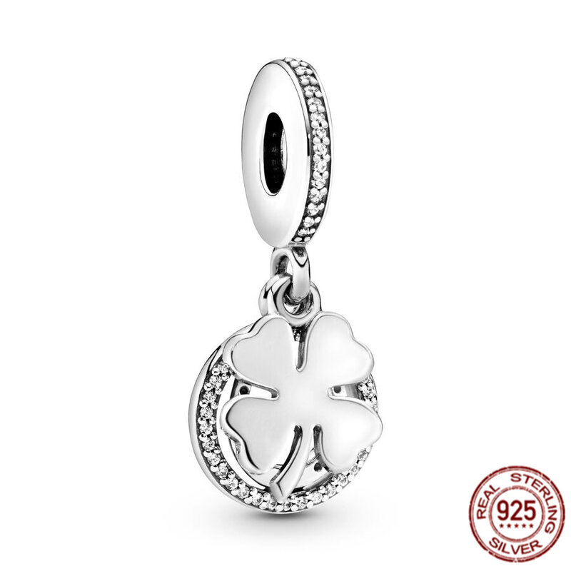 Authentic 925 Sterling Silver Lucky Four Leaf Clover & Flower Dangle Charm Bead Fit Original Pandora Bracelet Bangle Jewelry