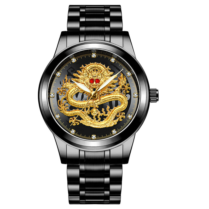 Embossed Golden Dragon men's waterproof non mechanical watch diamond encrusted Ruby dragon face fashion business quartz watch