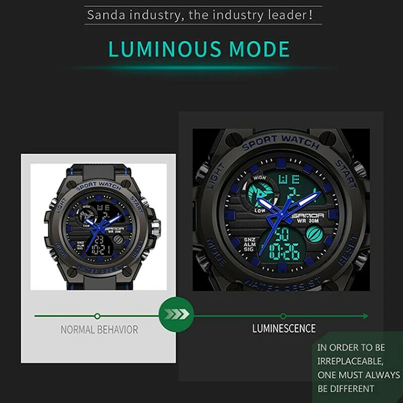 SANDA G Style Men Sports Watches Dual Display Analog Digital LED Electronic Quartz Watches Waterproof Swimming Military Watch