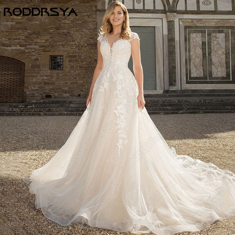 RODDRSYA Cap Sleeves Wedding Dresses Vintage Lace Up Back vestidos de novia playa Appliques Tulle A Line Wedding Gown For Bride