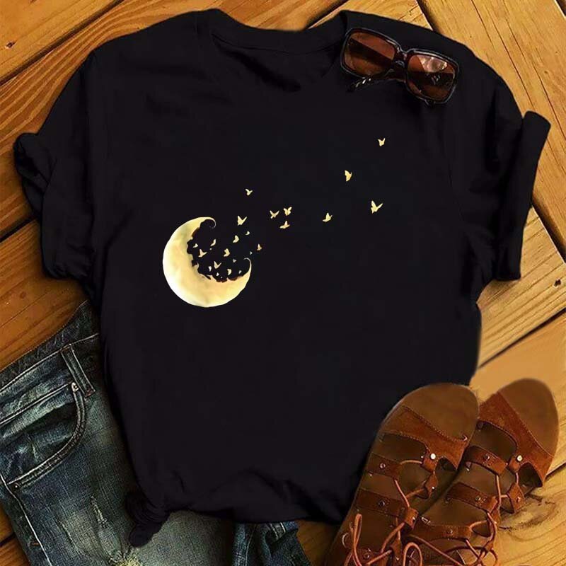 Camiseta estilo Harajuku para mujer, top con estampado de estrellas de media luna, Camiseta estampada con cuello redondo, manga corta de verano, patrón minimalista fresco