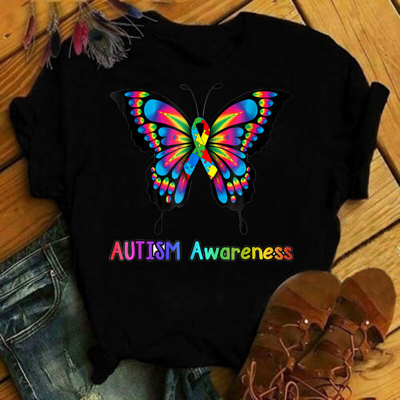 Nova moda feminina em abril nós usamos consciência azul camisa borboleta dos desenhos animados kawaii camisas autismo camisa da mãe do autismo feminino