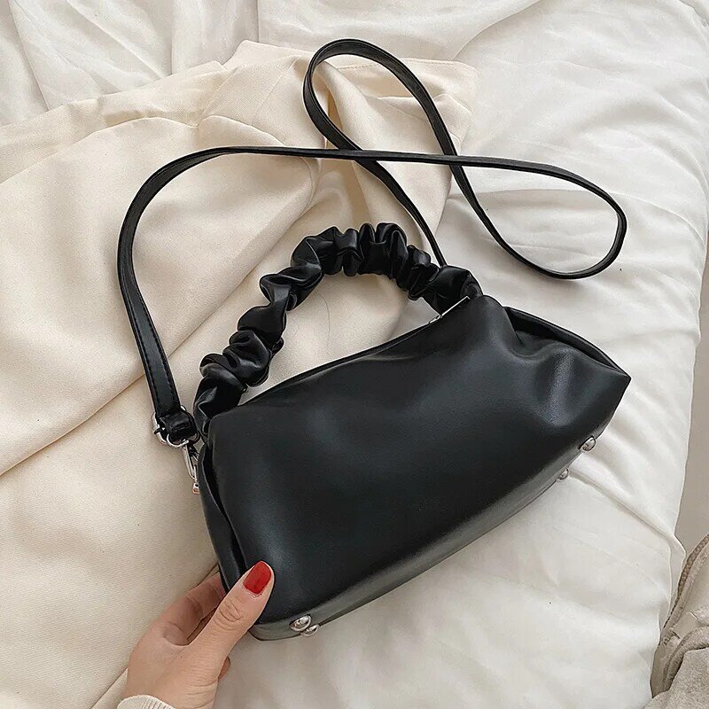 Black Pleated Shoulder Bags for Women Luxury Pu Leather Crossbody Bag Top Handle Messenger Bag Ladys Brand Designer Handbags Sac
