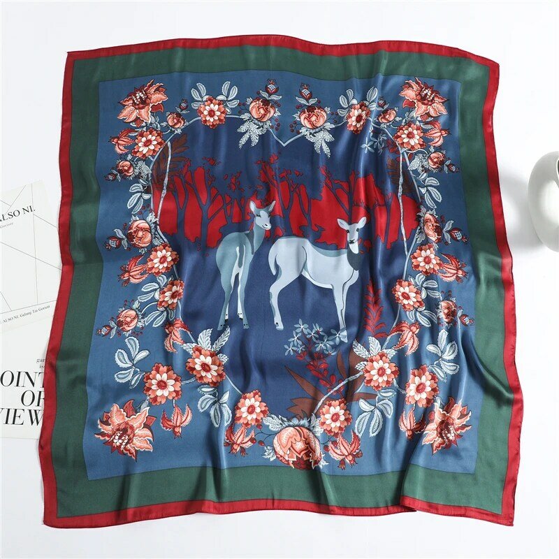 Foulard carré en Satin de soie Floral pour femme, Bandana musulman, châles enveloppés, bandeau, silencieux, 90x90cm