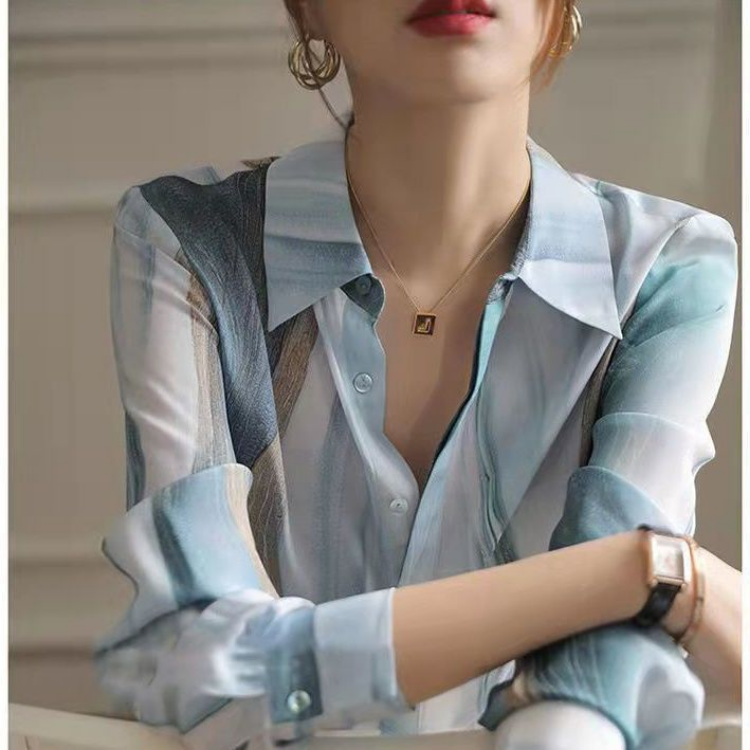 Gradient koszula z guzikami jesień koreański moda klasyczne koszulki dla kobiet elegancka, długa koszulka z nadrukiem luźna odzież damska