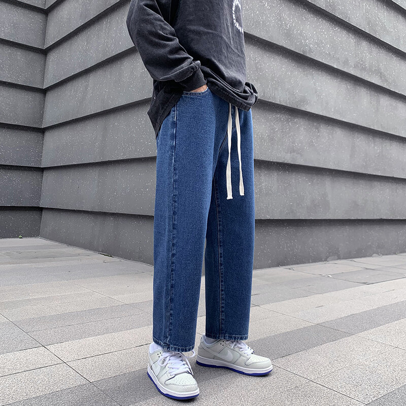 한국 패션 데님 와이드 레그 팬츠 남성용, 클래식 스타일, 가을 드로스트링 디자인, 신축성 있는 허리, 발목 길이 바지, 진한 파란색