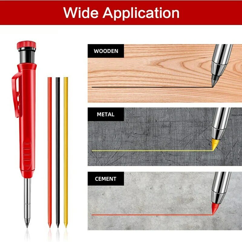 Solid Carpenter Pencil Set With 6 Refill Leads Built-in Sharpener Marking Tool Woodworking Deep Hole Mechanical