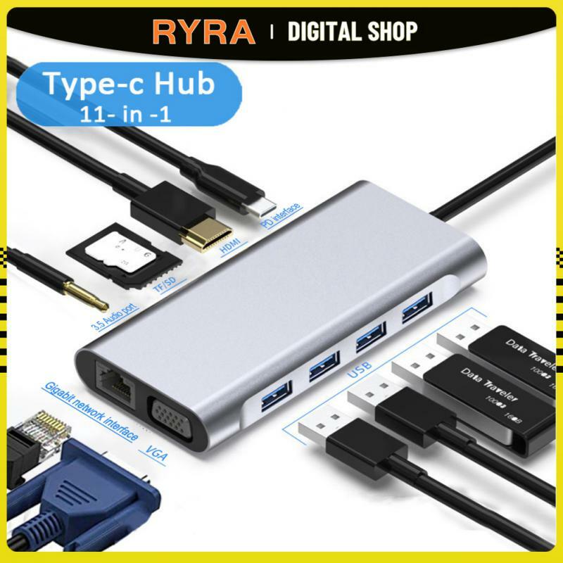 محول محطة إرساء RYRA 5Gbps USB C Hub 11 في 1 إلى 4K HDMI متوافق مع إيثرنت SD/TF USB 2.0 3.0 Hub للكمبيوتر المحمول MacBook Pro