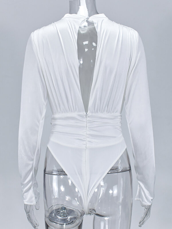 NewAsia 실키 우아한 바디 슈트 여성 하이 넥 스플릿 커프 파티 바디 슈트 솔리드 섹시한 Playsuit 2020 Streetwear Outfits Club Body