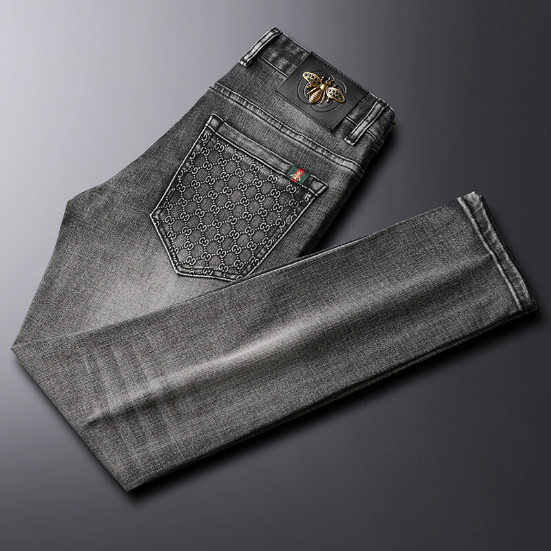 2022 ربيع الموضة عادية رقيقة جينز علامة تجارية الرجال القطن سليم تمتد السراويل الرجعية الدخان رمادي الرجال الجينز