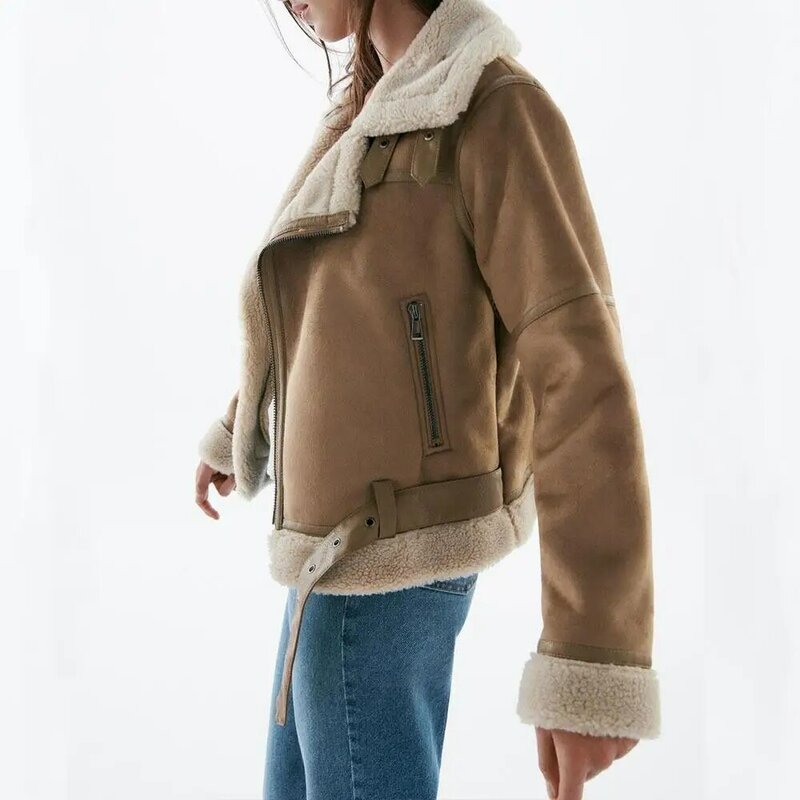 Za inverno feminino grosso quente camurça jaqueta de cordeiro curto da motocicleta marrom casacos falso shearling pele carneiro