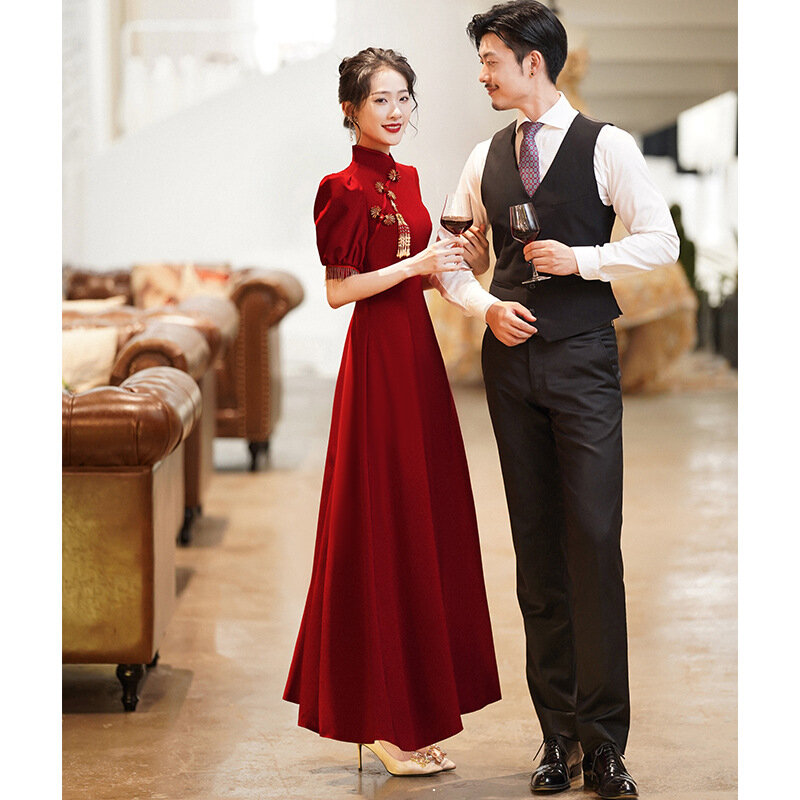 Chinese Women’S Wine Red Summer Cheongsam Wedding/Engagement Dress-Long Style-Puff Sleeves(Cover Your Arms)-Slim Style