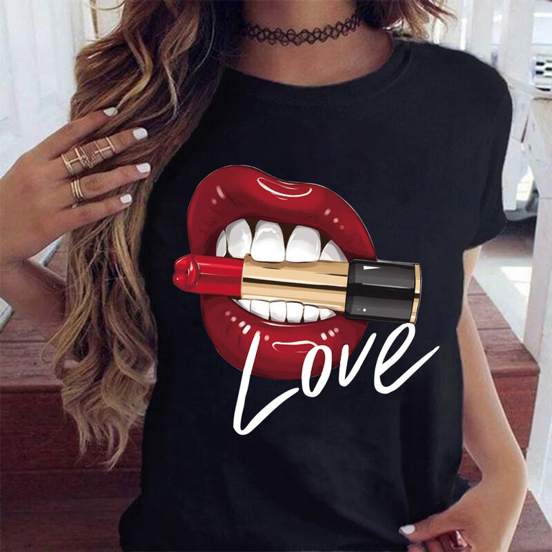 Camisetas negras sexys con cuello redondo para mujer, blusa suave con estampado de labios y acuarela para verano