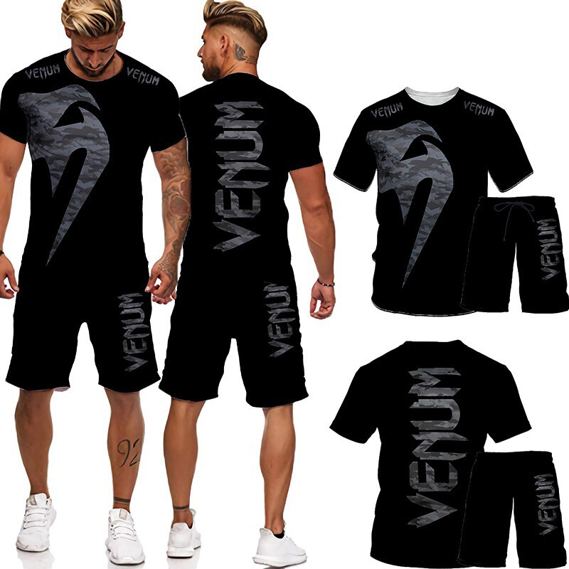 Мужской спортивный костюм из 2-х предметов, футболка с короткими рукавами и шорты, Повседневная футболка большого размера, лето 2022