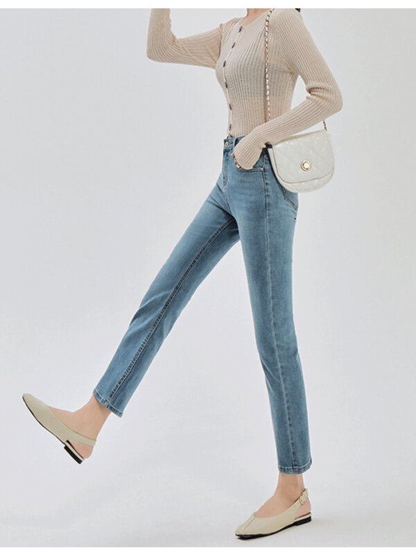 Calça jeans reta de cor clara verão novo de cintura alta magro elástico chique simples cor sólida nove pontos denim lápis calças