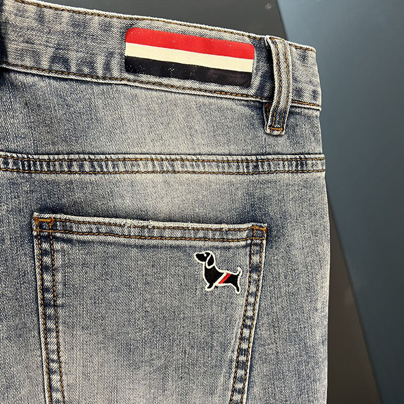 TB THOM jeansy męskie modne szczenięta hafty wysokiej wyszczuplająca talia Rhinestone ołówek spodnie Street Stretch spodnie Skinny fit TB Jeans